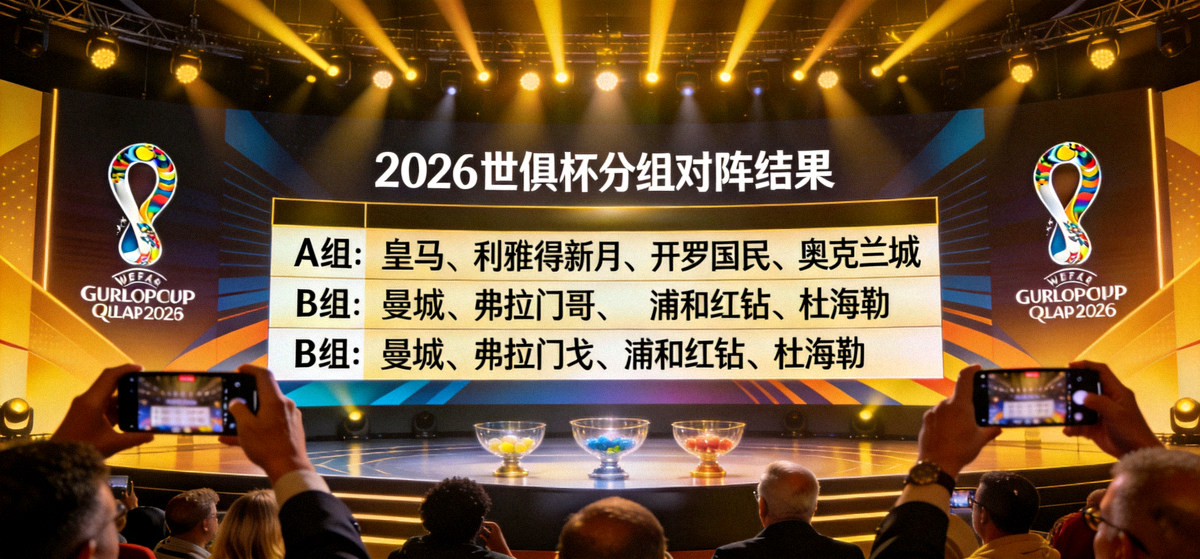 2026世俱杯抽签仪式现场，大屏幕展示分组对阵结果